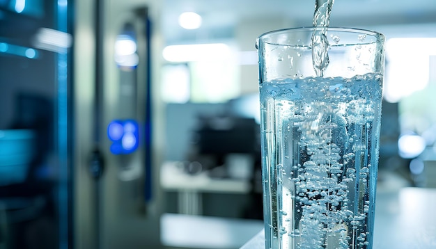 el agua fluye en un vidrio transparente de un refrigerador en un fondo de oficina borroso