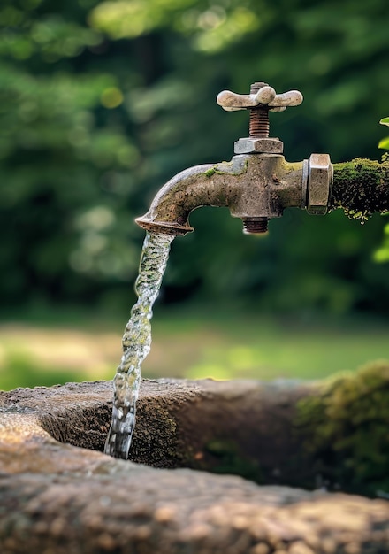 El agua fluye del viejo grifo de metal.