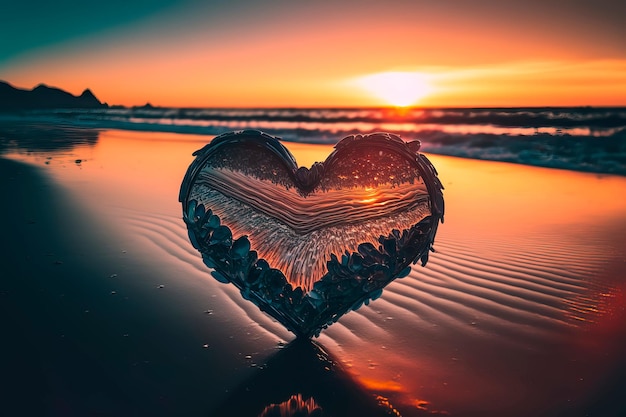 Agua en forma de corazón al atardecer para el Día de San Valentín IA generativa