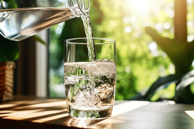 Agua fresca llenando un vaso de hidratación en verano