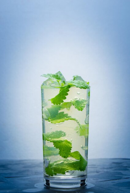 Agua fría en un vaso de hielo y pétalos de menta Refresco con viñetas