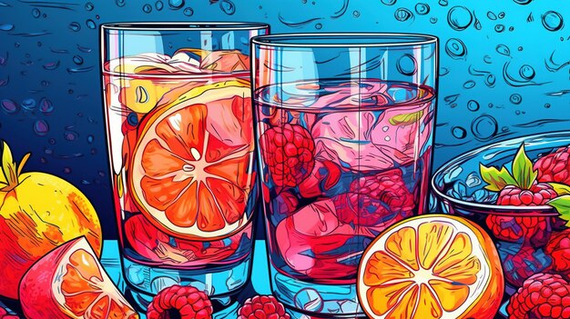 Agua con gas con infusiones de frutas Concepto fantasía Ilustración pintura