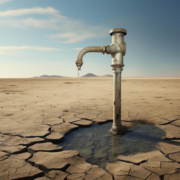 Foto agua del grifo en la tierra seca