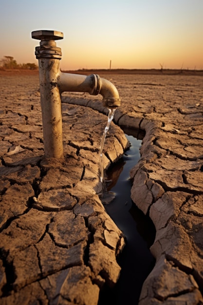 Foto agua del grifo en la tierra seca