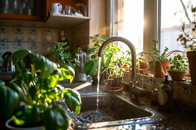 Foto el agua del grifo se vierte en el fregadero las plantas crecen desde el fregadero día soleado