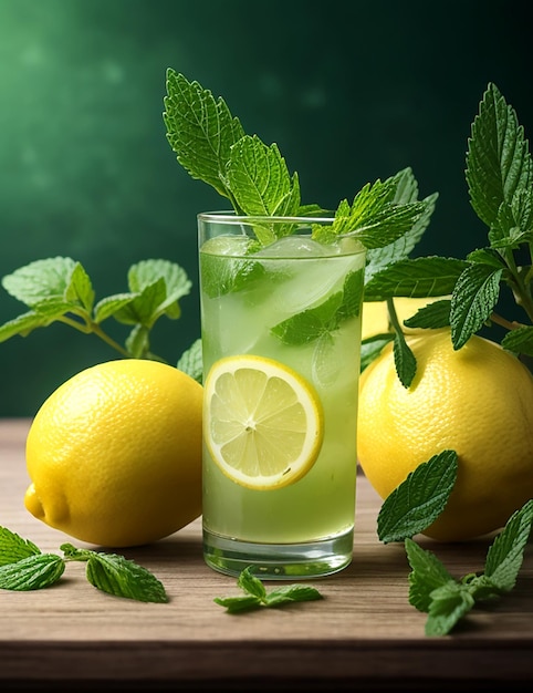 Agua helada de desintoxicación con limones y menta en un vaso sobre gris