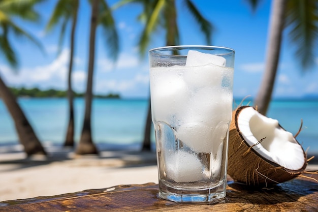 Foto agua helada en un vaso y cocos en el fondo de la playa