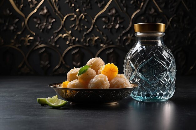 Foto agua de iftar para el ayuno de ramadán en la mesa negra