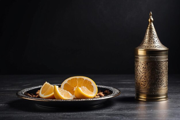 Foto agua de iftar para el ayuno de ramadán en la mesa negra