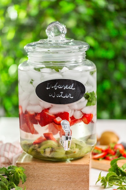 Agua infundida con fresas orgánicas, kiwi y menta fresca en dispensador de bebidas de vidrio.