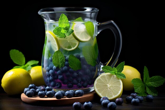 Agua con infusión de arándanos en una jarra de vidrio con rebanadas de limón y hojas de menta