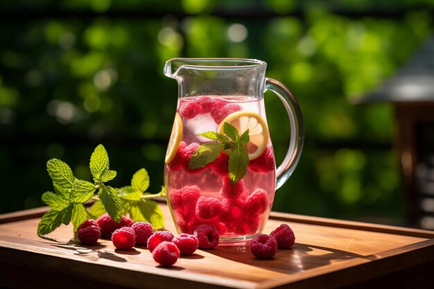 Agua con infusión de frambuesa en una jarra de vidrio con hojas de menta