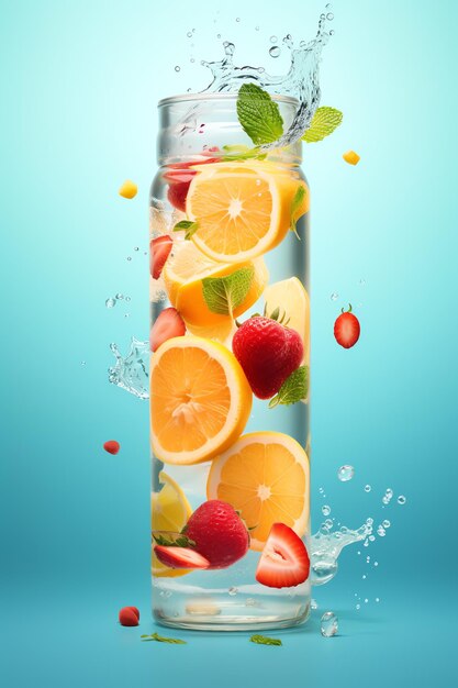 Agua con infusión de frutas de colores en una botella de vidrio Frutas Salud Fitness Ad Botella Beber