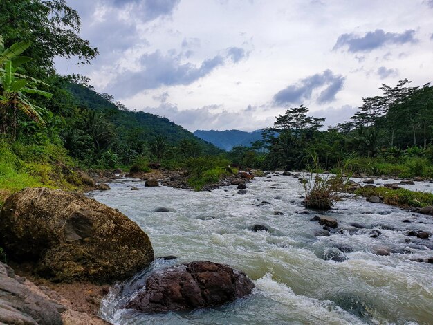 El agua de un lago debajo de una cascada desborda una roca