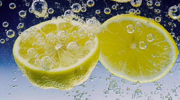 Bajo el agua de limonada endulzada recién exprimida que los limones crudos cortan cayendo en agua de soda contra fondo azul oscuro o negro Cierra la limonada o el cóctel de limón Highball bebida refrescante fría