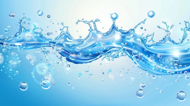 Agua limpia que fluye con burbujas y gotas Fondo de agua con salpicaduras de agua realistas Bebida líquida pura que fluye de abajo hacia arriba Ilustración moderna