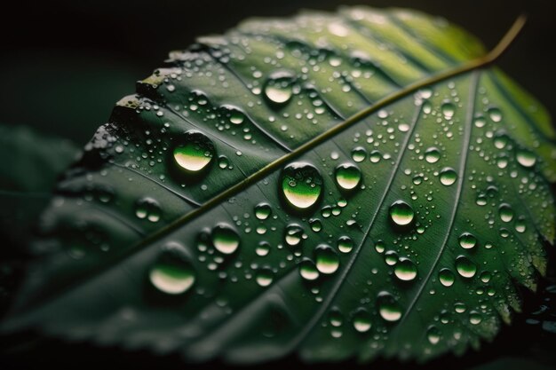 Agua de lluvia en una macro de hoja verde Ilustración AI generativa