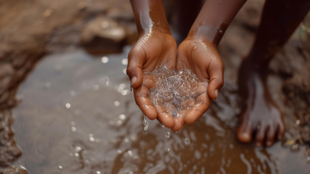 Foto agua en la mano de un niño africano la escasez de agua y el concepto del día mundial del agua