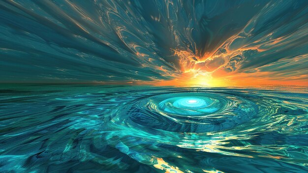 Un agua de mar azul y un sol rojo hechos con papel tapiz UHD de pintura acuática