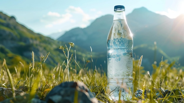 Agua mineral pura en una botella de vidrio Líquido limpio en el fondo de la montaña