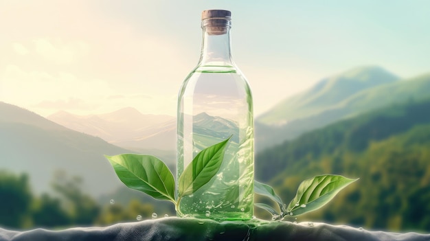 Agua mineral pura en una botella de vidrio Líquido limpio sobre fondo de montaña IA generativa