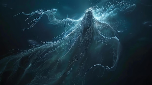 Foto bajo el agua, una misteriosa criatura con largos tentáculos parecidos a pelos se desliza con gracia a través del agua oscura