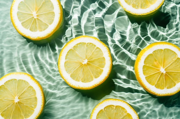 Agua de onda estimulante fresca transparente con motas de fondo rodajas de cítricos de limón Playa de alimentación saludable Endecha plana