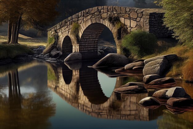 Foto Água parada com ponte de pedra e reflexão