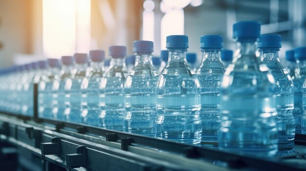 El agua potable se embotella en botellas de plástico en una fábrica limpia Generativa Ai