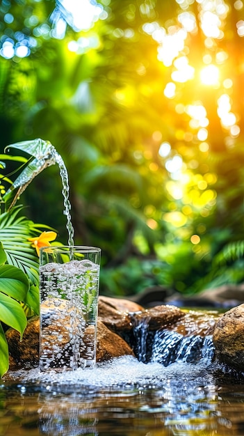 El agua potable pura llena un vaso que simboliza la claridad y la vitalidad