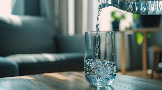 Agua potable purificada en la mesa de la sala de estar rica en minerales