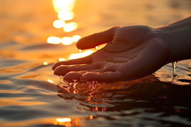 Agua de primer plano y mano con el fondo de la puesta de sol