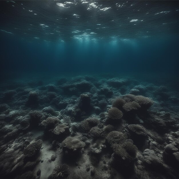 Bajo el agua, en las profundidades del mar, oscuro, cinematográfico, pequeño, brillante, gran ángulo.