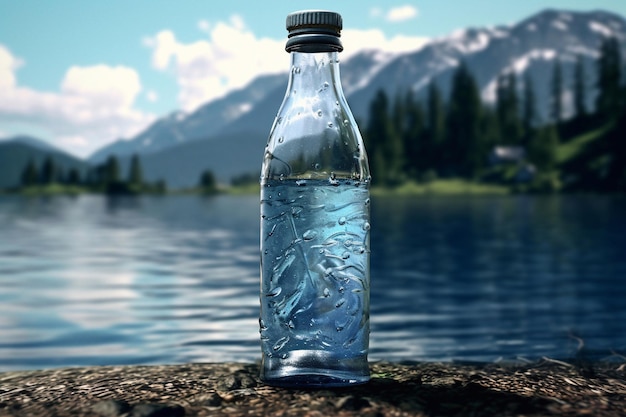 Agua pura de montaña Una botella de vidrio con agua limpia en el fondo de un paisaje montañoso