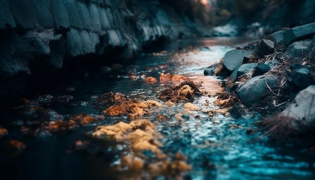 El agua que fluye cae en cascada por un barranco rocoso generado por IA