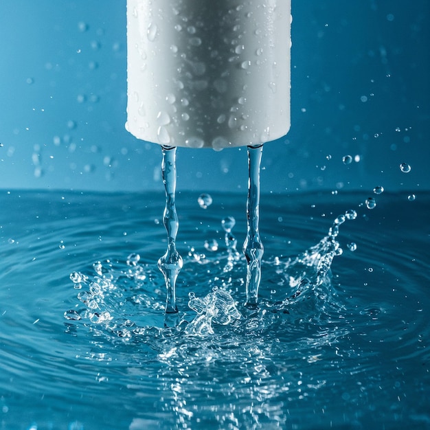 El agua que fluye de un objeto cilíndrico blanco creando una salpicadura