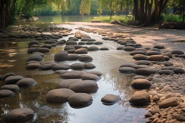 Agua que fluye sobre guijarros suaves y escalones en el parque