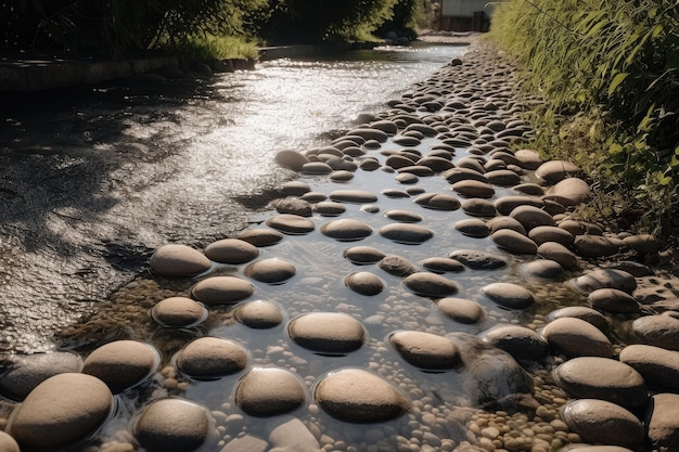 Agua que fluye sobre guijarros suaves y escalones en el parque