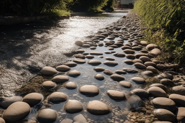 Agua que fluye sobre guijarros suaves y escalones en el parque