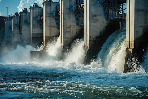 Agua que fluye a través de una presa hidroeléctrica
