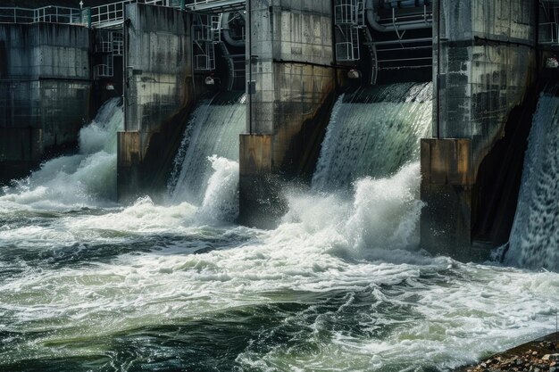 Agua que fluye a través de una presa hidroeléctrica