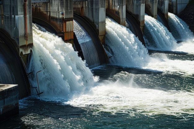 Foto agua que fluye a través de una presa hidroeléctrica