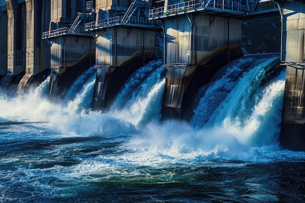 Foto agua que fluye a través de una presa hidroeléctrica