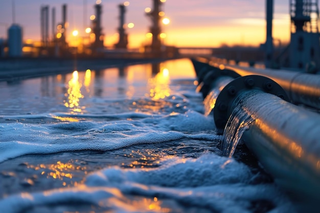 Agua que fluye de las tuberías de una planta de energía de petróleo y gas en el fallo de la tubería de agua de la noche