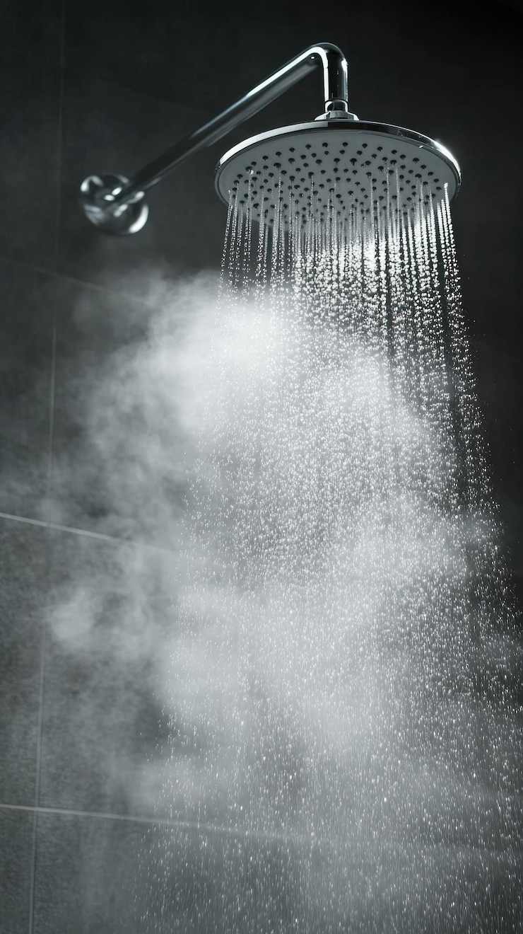 Foto água quente a vapor fluindo de uma cabeça de chuveiro em um banheiro moderno com paredes de azulejos brancos