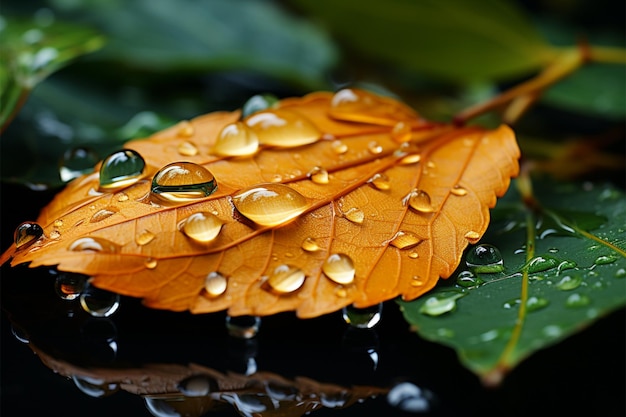 El agua reluciente desciende de la hoja vibrante