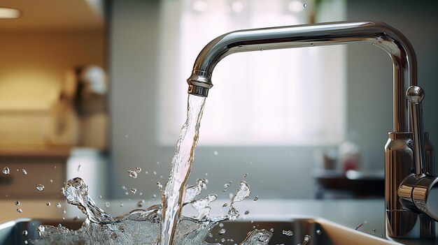 Foto agua saliendo de un grifo de la cocina