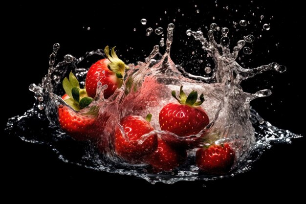 Agua de salpicaduras de fresa aislada de fondo negro