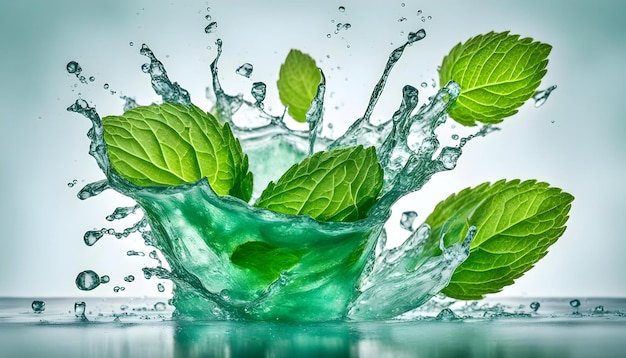 Foto agua salpicando con hojas de menta fresca en el suelo