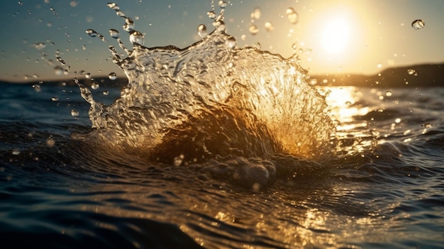Un agua salpicando en el océano con la puesta de sol detrás de ella